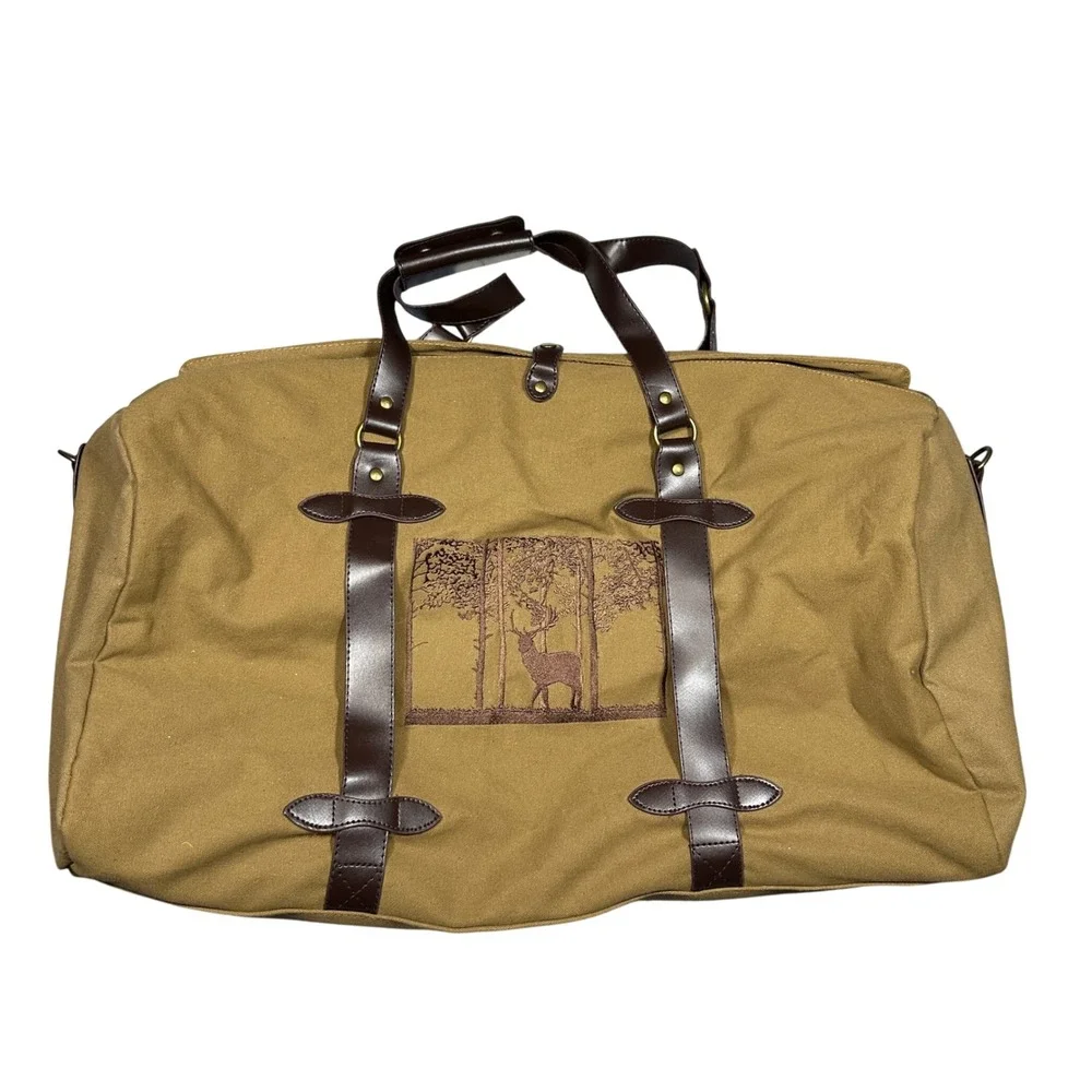 Woodland Creek Canvas Duffel Bag Tan Khaki Embroidered Deer Weekend Travel Bag